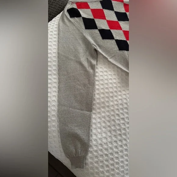 Burberry Golf Long Sleeve V-Neck Argyle Sweater Grey Red Black Merino Wool Small - Picture 5 of 16